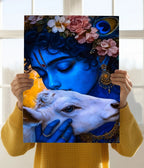 Divine Bond – Lord Krishna Hugging a Calf Spiritual Poster