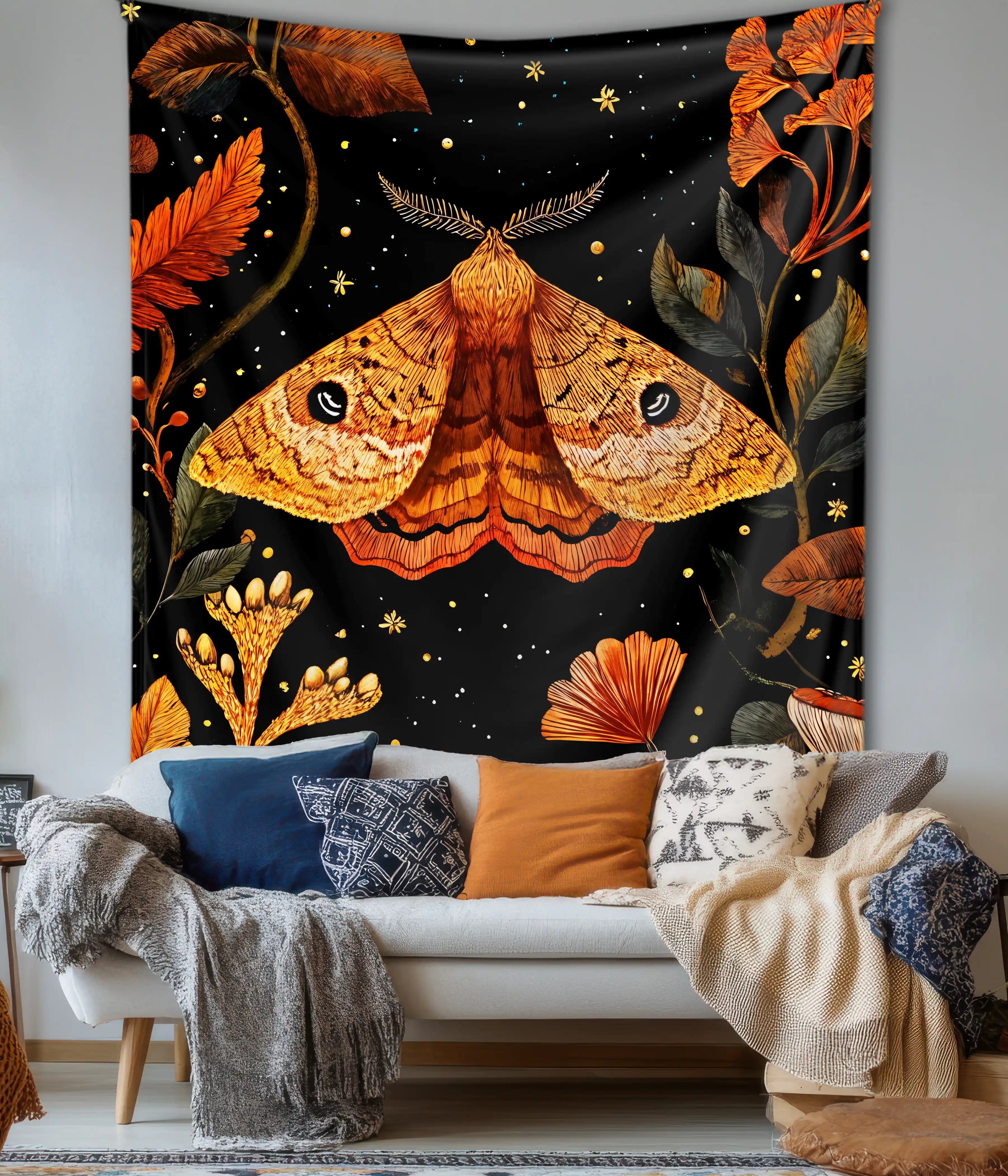 Golden Moth Garden – Aesthetic Wall Tapestry