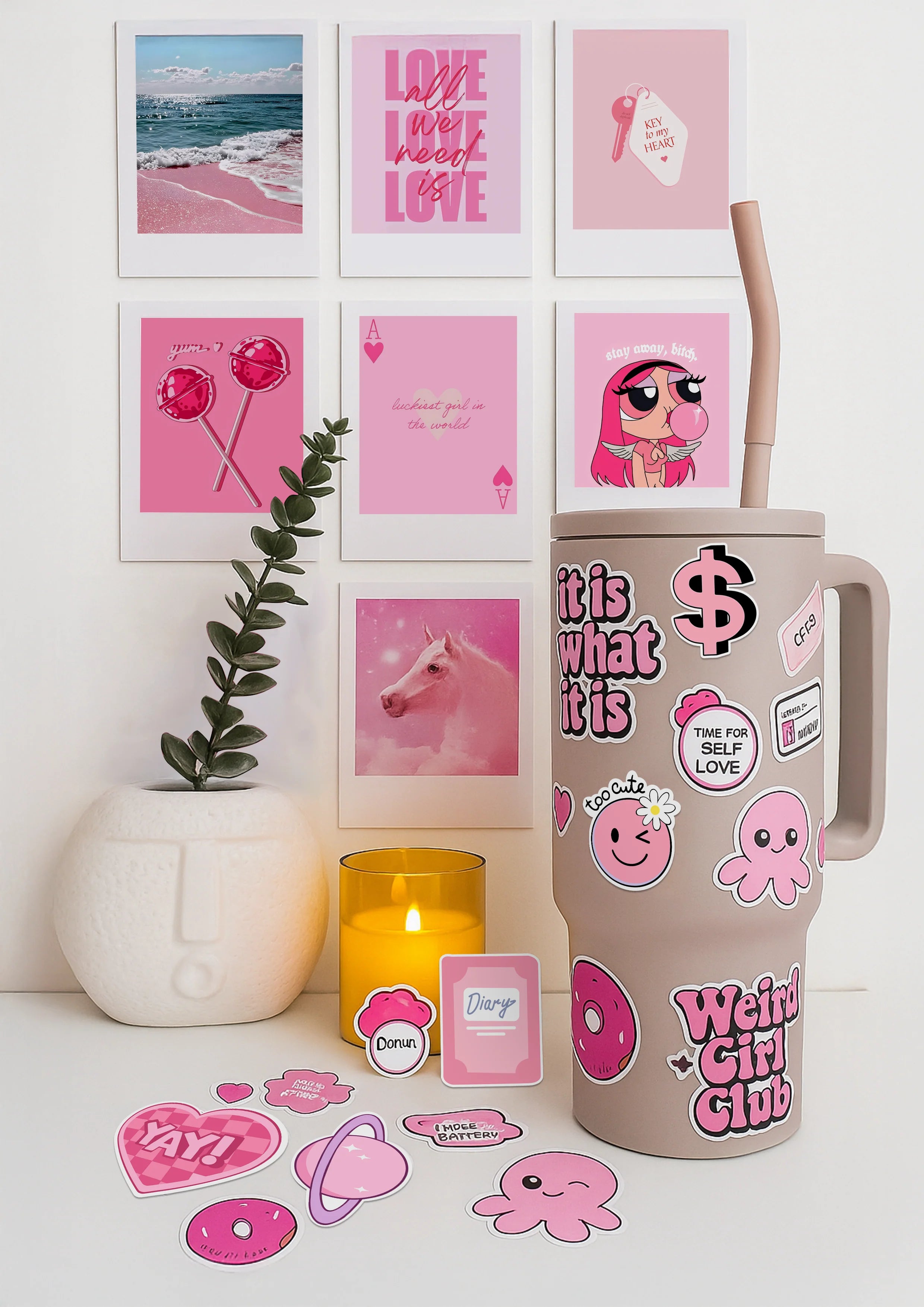 Pink Vibe Set  20 Retro Prints + 20 Aesthetic Stickers