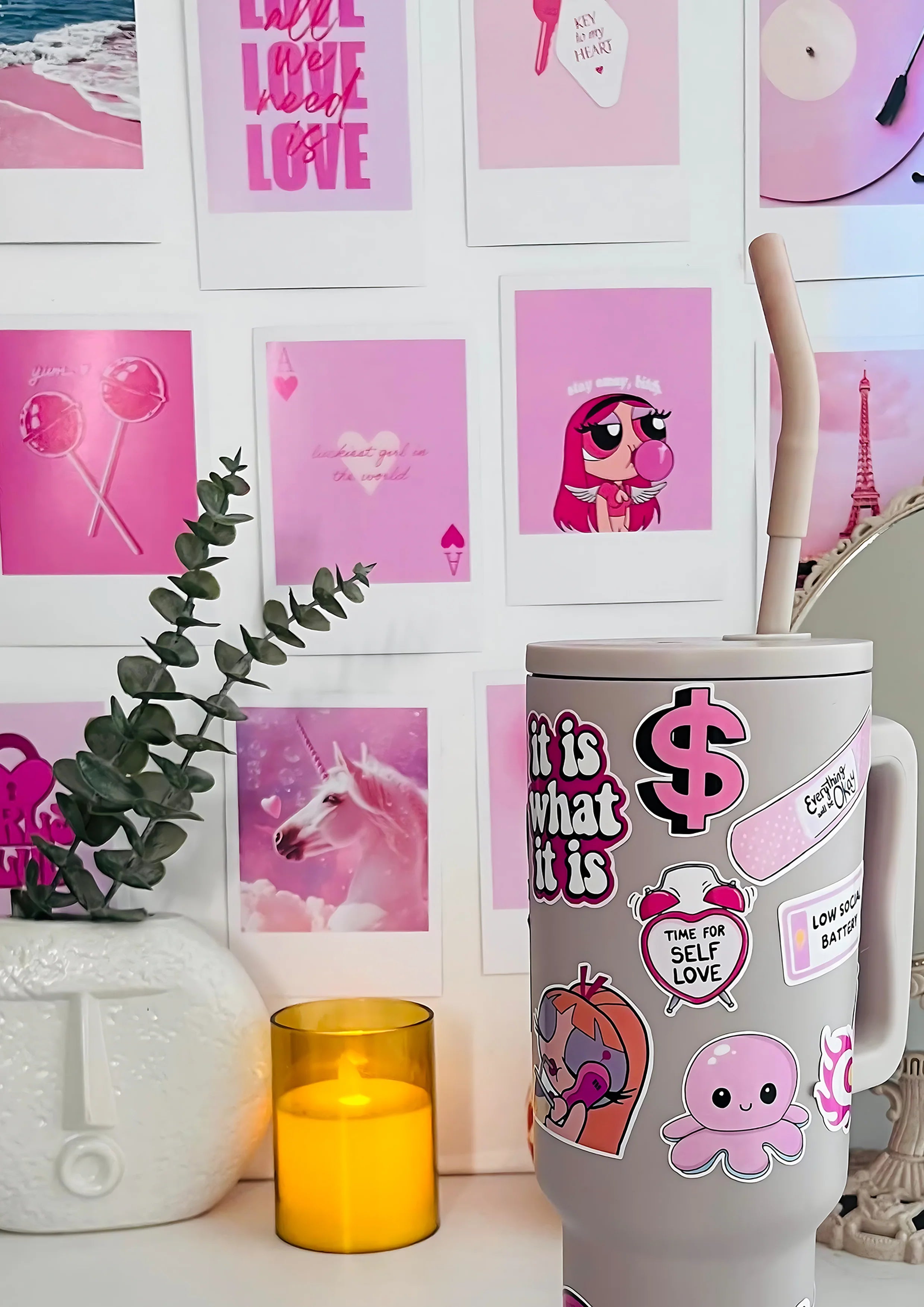 Pink Vibe Set  20 Retro Prints + 20 Aesthetic Stickers