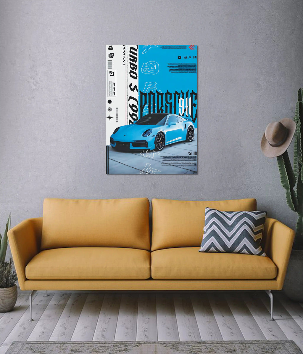 Porsche 911 Turbo S Blue Supercar Wall Poster