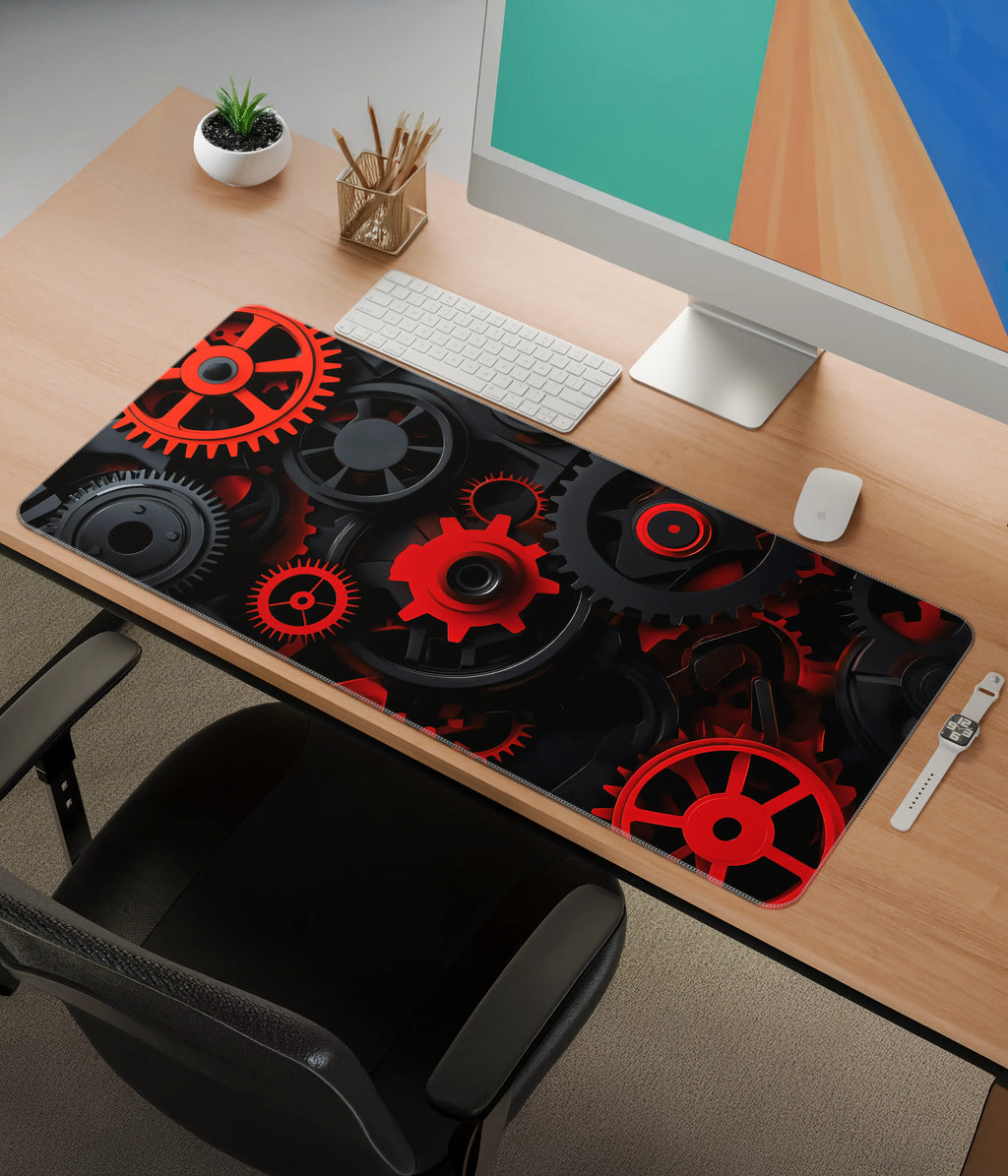 Red & Black Gears Desk Mat – Industrial Gaming & Office Mouse Pad