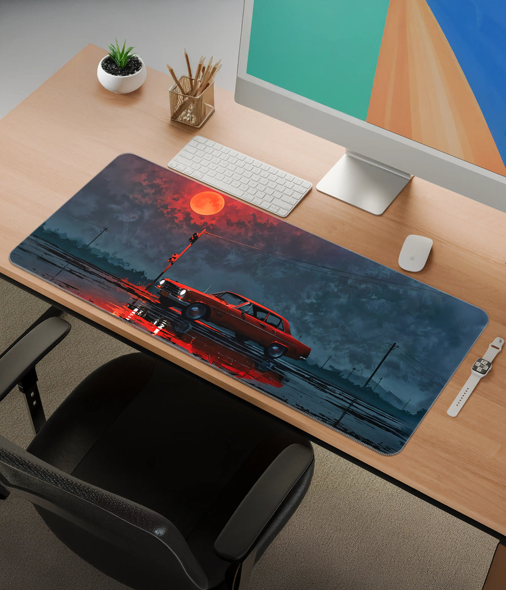 Red Car Under Blood Moon Desk Mat – Aesthetic Gaming Pad